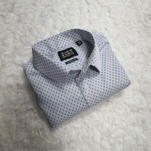 Scotch & Soda Dress Shirt Mens 17.5 44 Modern Fit 4 Way Stretch White Blue Print